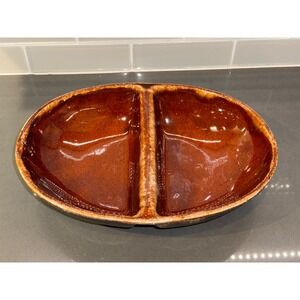 Vintage Kathy Kale Brown Drip Glaze 12" Divided Serving Bowl